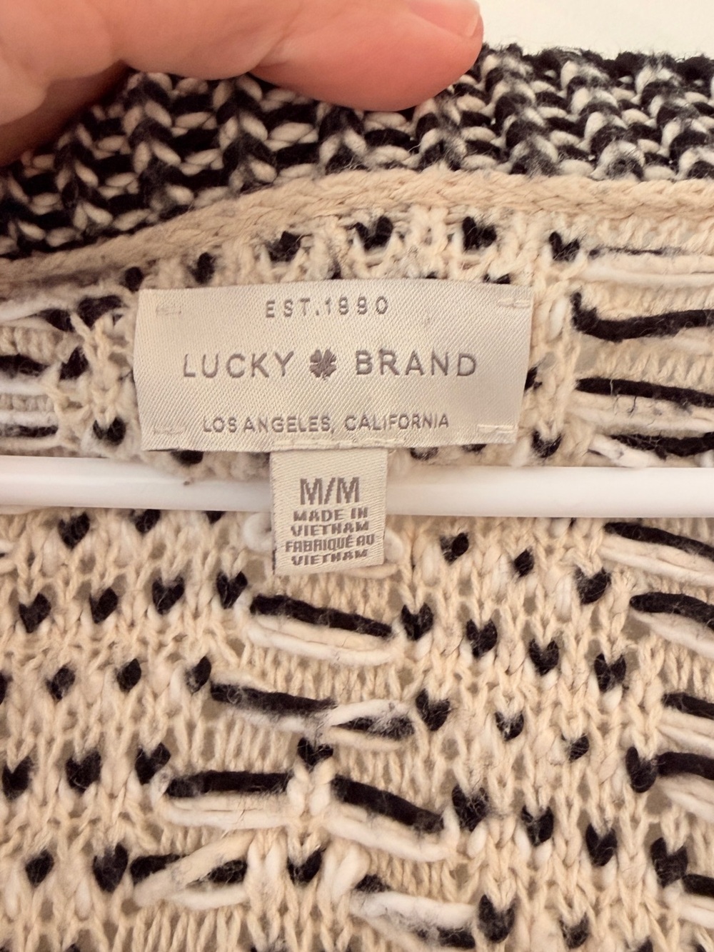 Lucky Brand Black Ivory Mixed Stitch Knit Open Front Cardigan Sweater M Boho - Picture 4 of 6